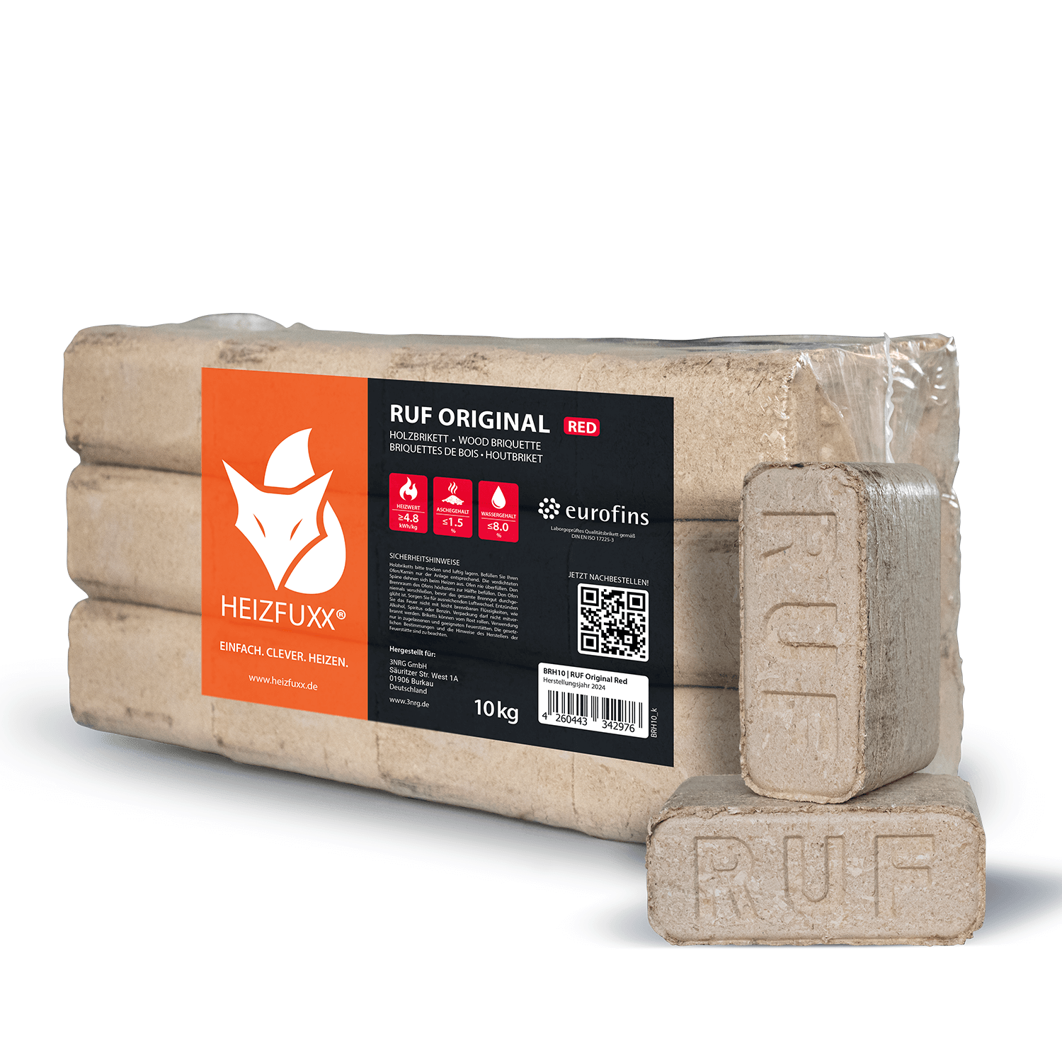 RUF Original Red Holzbriketts – 96 × 10 kg | Lange Brenndauer, wenig Asche, FSC®-zertifiziert