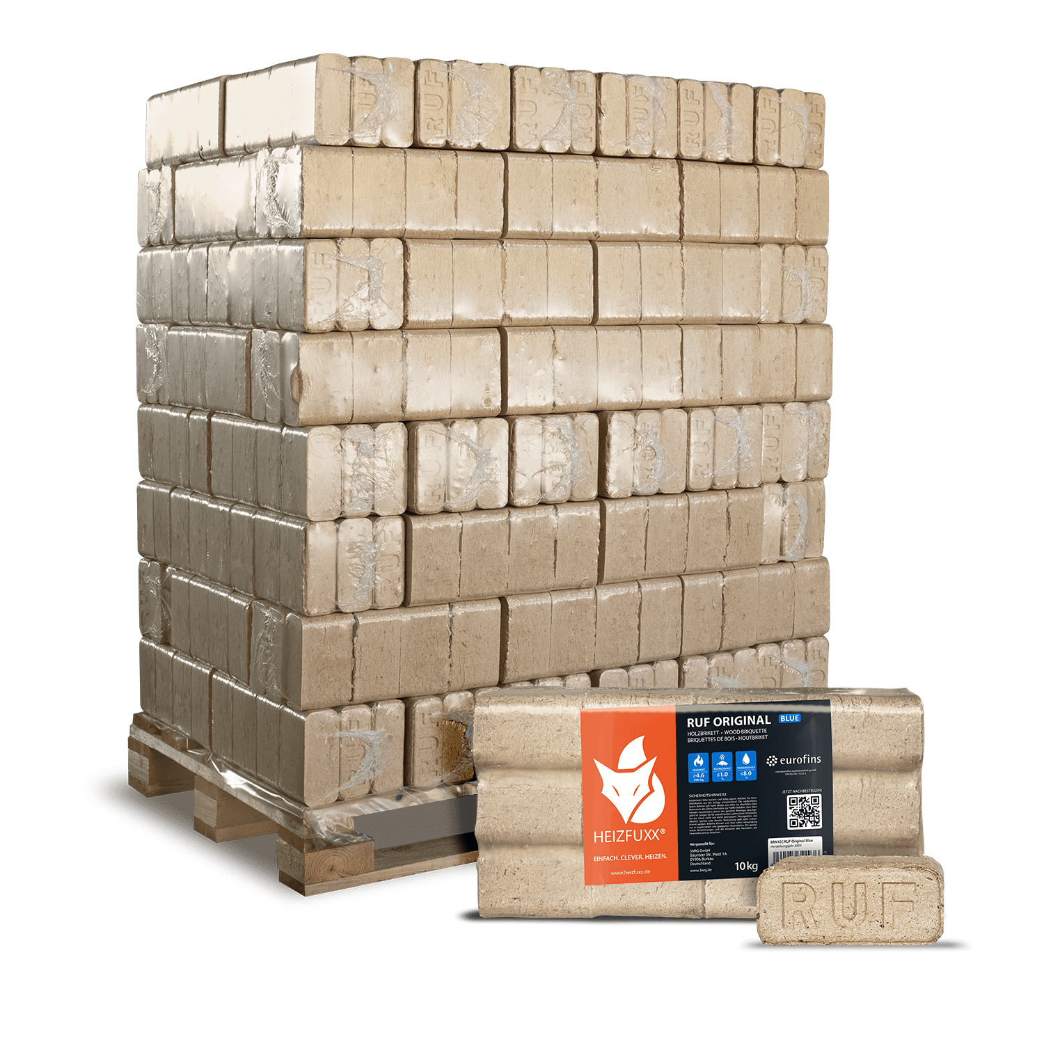 RUF Original Blue Holzbriketts – 96 × 10 kg | Schnell entflammbar, wenig Asche, FSC®-zertifiziert